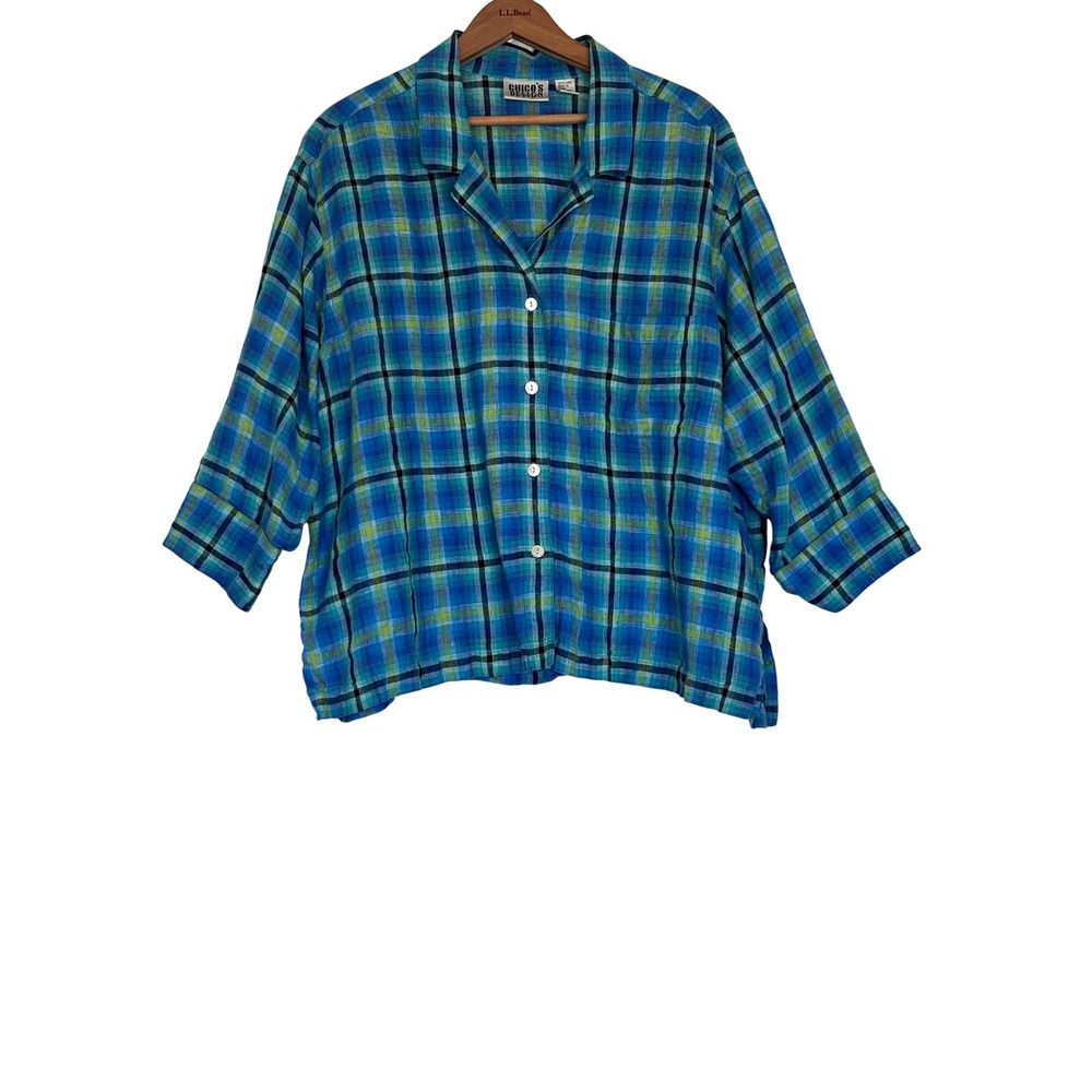 Vintage Chicos Design Blue Plaid 100% Linen Button Down Shirt Womens 3/XL